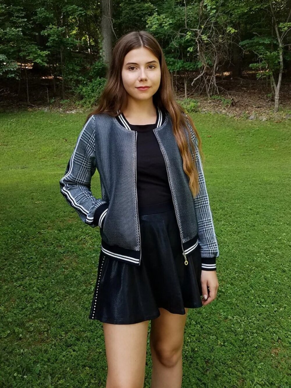 Boutique Girls Black White Mixed Media Bomber Varsity Jacket Zip Front 8 10 16